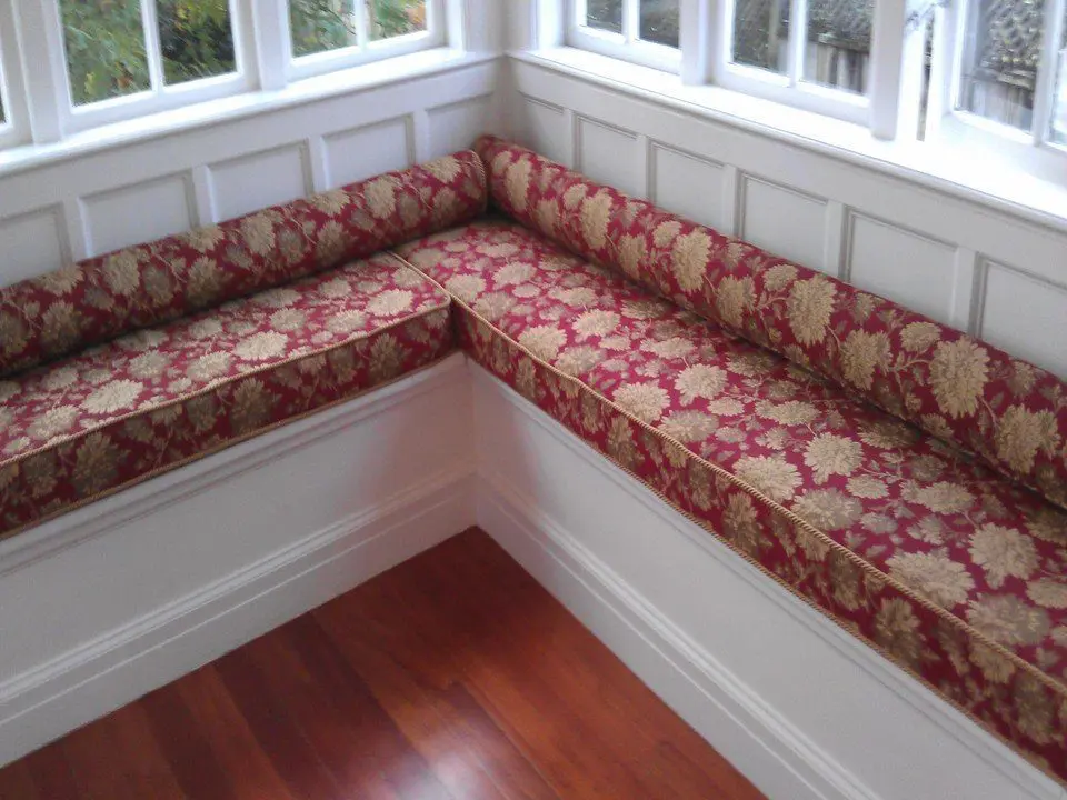 Red and gold patterned corner window seat squabs