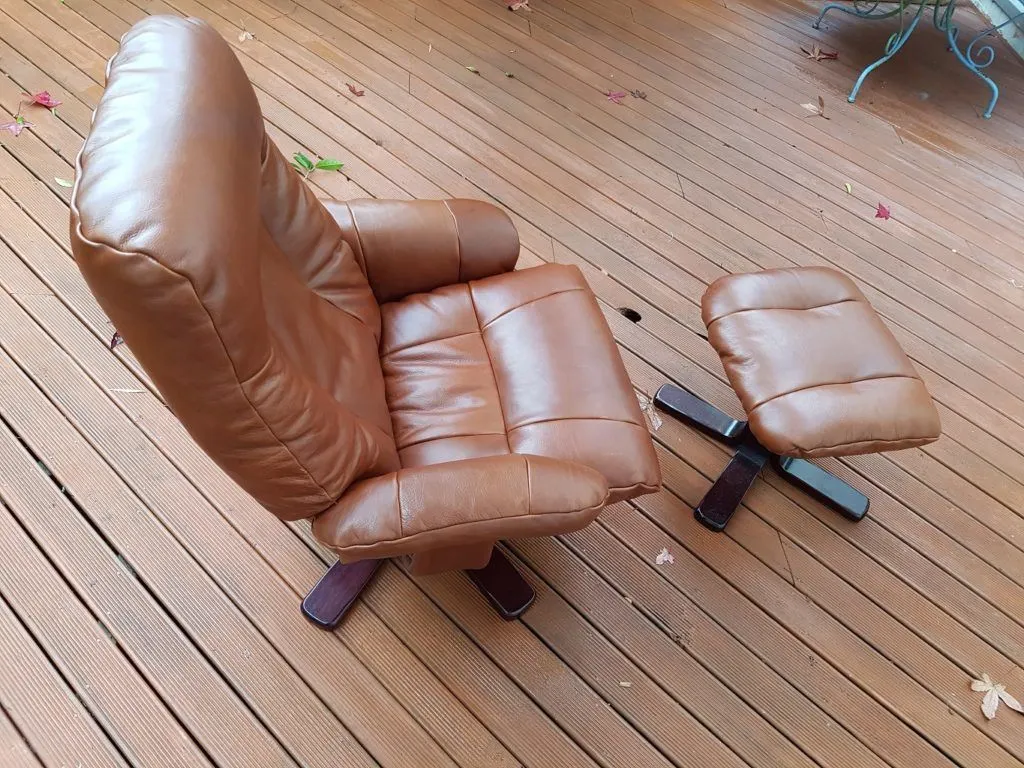 Tan leather recliner chair and ottoman restored by CoverMania