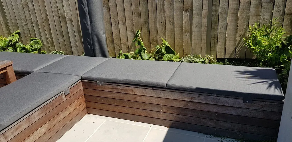 Custom grey outdoor squabs on hardwood bench seating